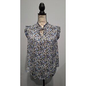 EUC Rachel Roy Black/White/Blue Floral Ruffle Trim Sleeveless Blouse With Tie Ne